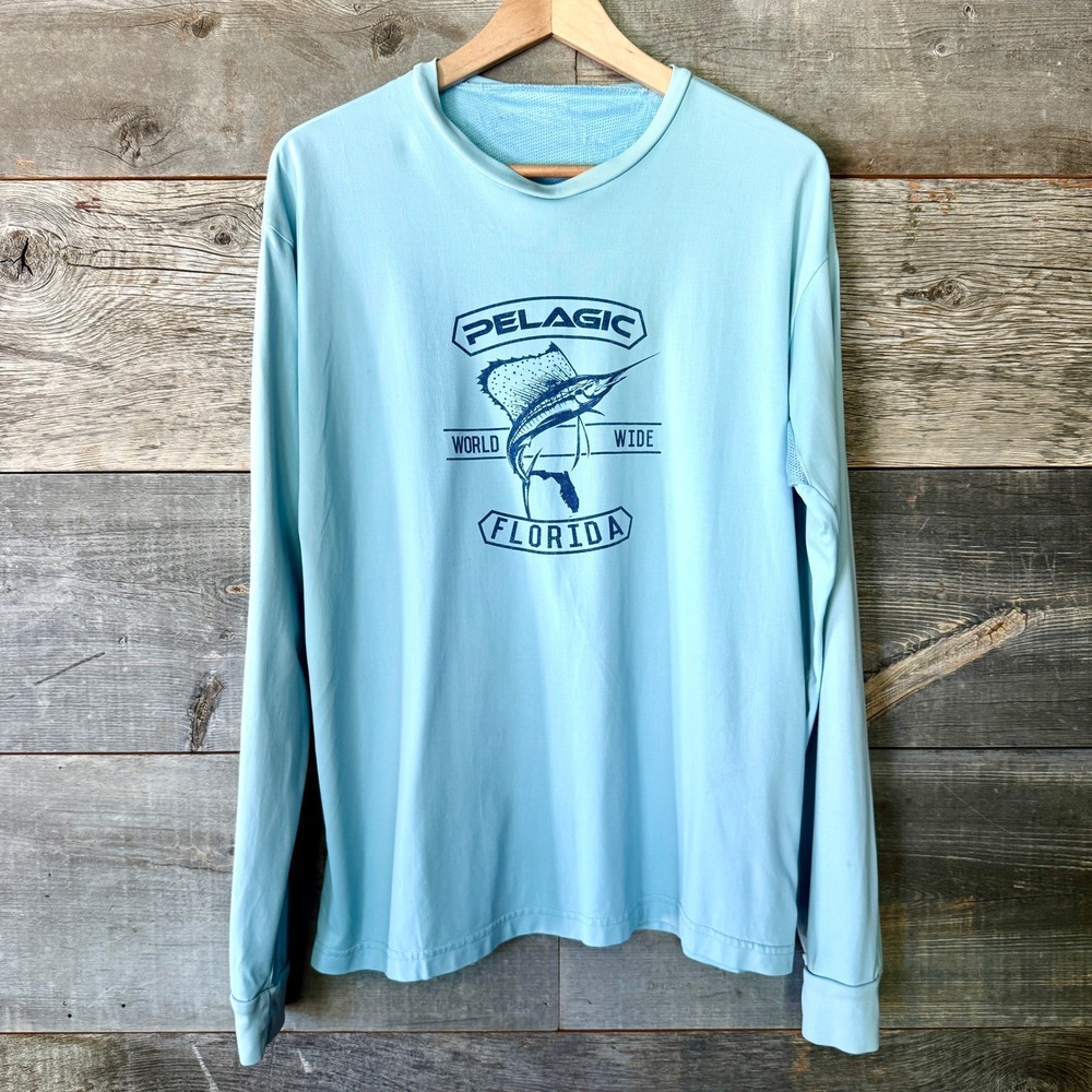 Pelagic Mens Aquatek Performance Fishing Shirt L Blue Long Sleeve UPF Outdoors
